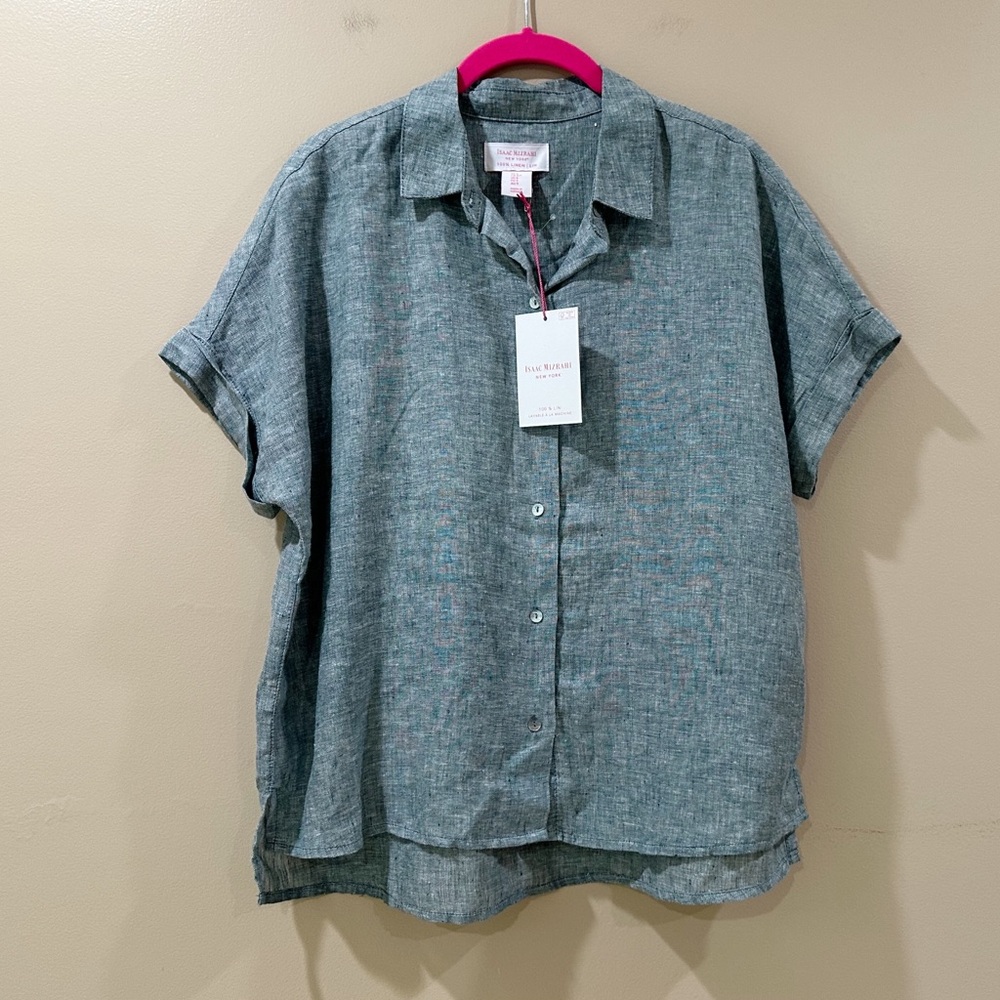 Isaac Mizrahi New York Women's Linen Shirt Short Sleeve Button Up Green Blue S